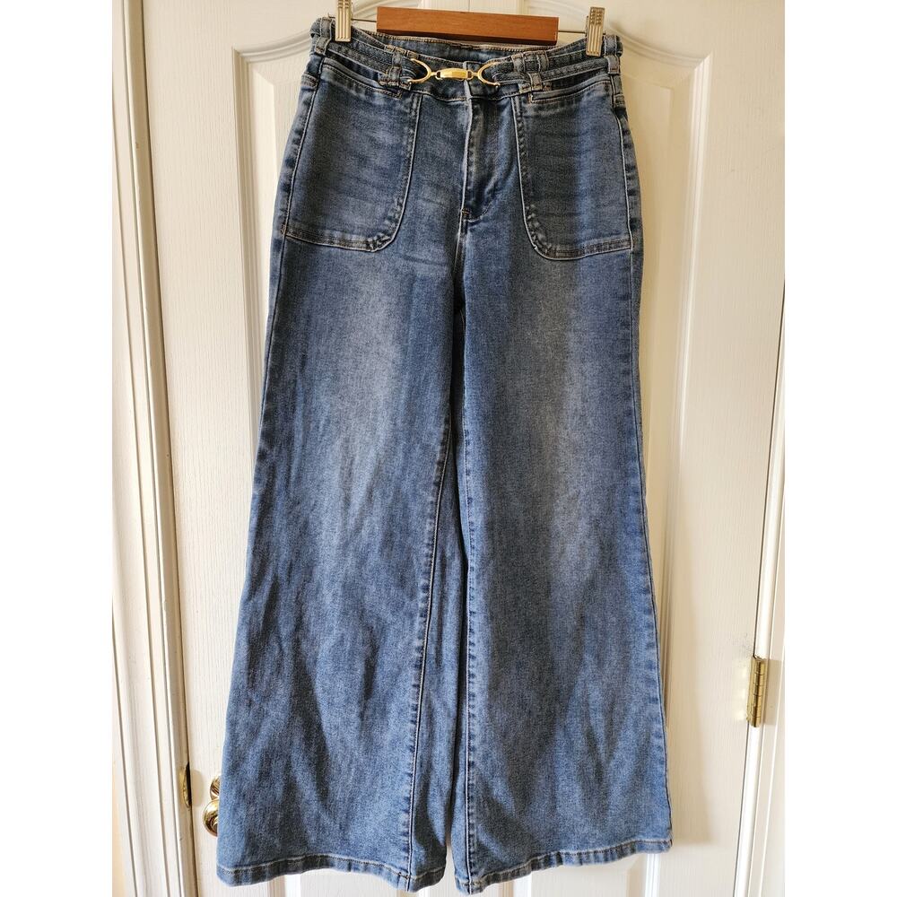 Cache Wide Leg Flare Jeans Size 26 Gold Horse Bit Hardware Patch Pockets Retro